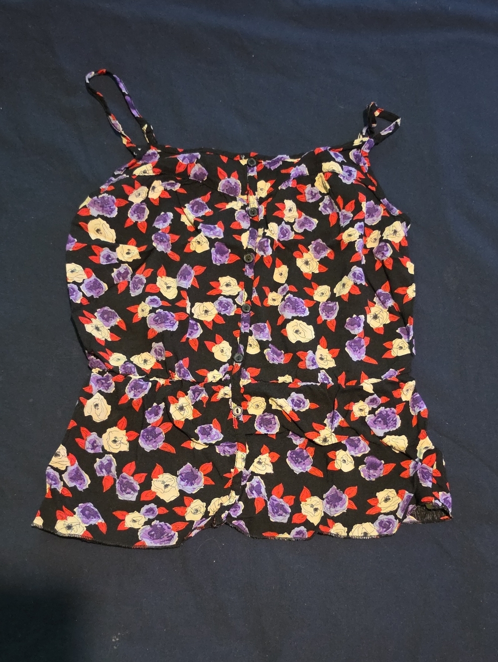 Kirra Black Floral Button-Front Spaghetti Strap Camisole
